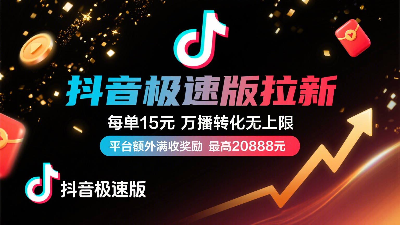 抖音极速版放福利,每单15元,万播转化无上限,平台额外满收奖励,最高可领20888元网创吧-网创项目资源站-副业项目-创业项目-搞钱项目网创吧