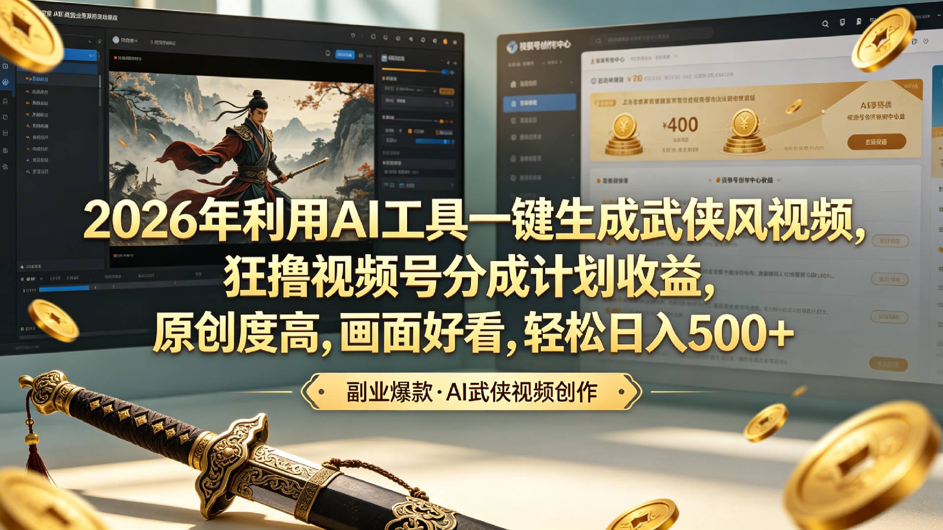 2026年利用AI工具一键生成武侠风视频，狂撸视频号分成计划收益，原创度高，画面好看，轻松日入500+网创吧-网创项目资源站-副业项目-创业项目-搞钱项目网创吧